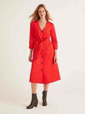Boden 10 Red Button-Front Tie-Waist Midi Dress Retro Traditional Cotton Spring